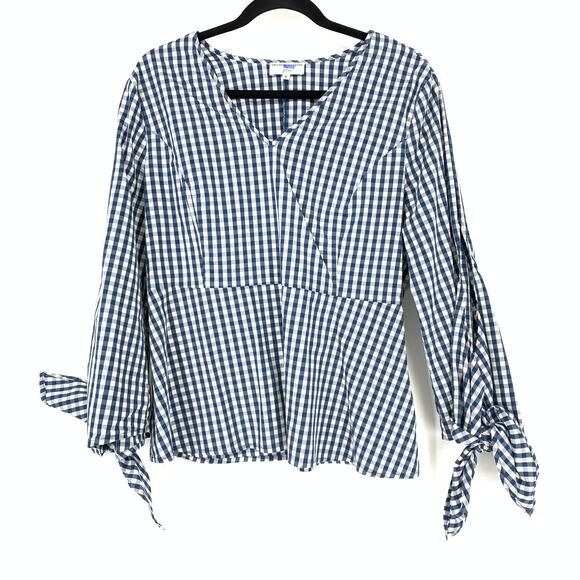 J. Crew Top X Universal Standard Sz M Gingham Tie Sleeve Blouse Blue White - Picture 3 of 8